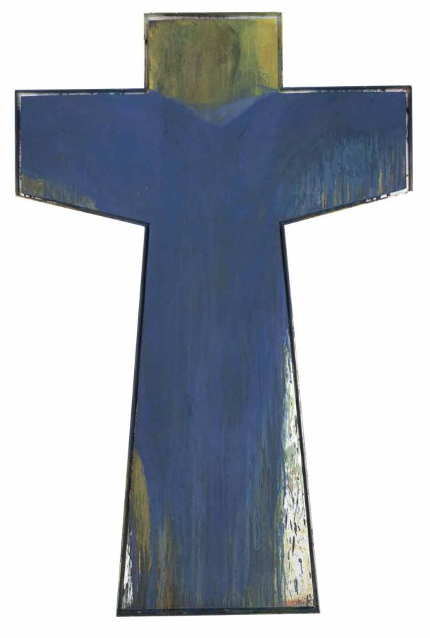 Ein blaues Kreuz mit gelben Akzenten auf weißem Hintergrund.