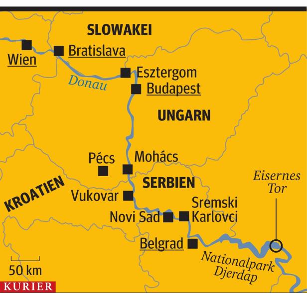 Eine Karte der Donau, die durch die Slowakei, Ungarn, Kroatien und Serbien fließt.