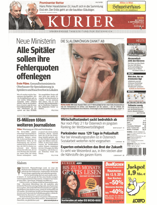 Titelseite des Kurier vom 3. September 2014 mit Nachrichten und Artikeln.