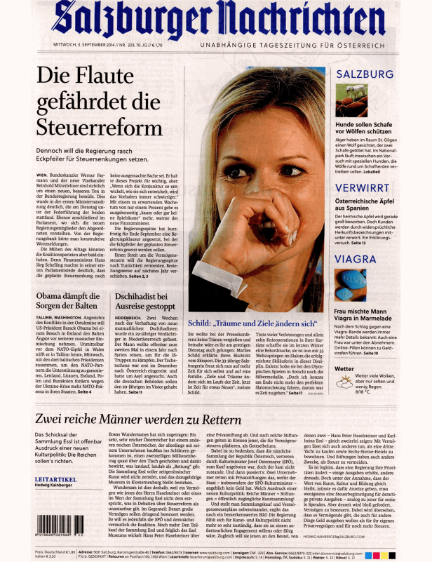 Titelseite der Salzburger Nachrichten vom 3. September 2014.
