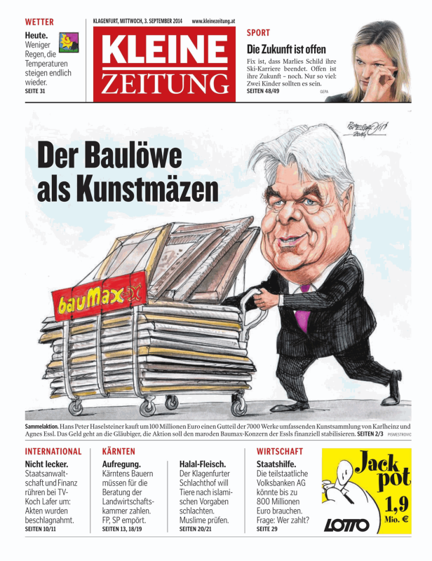 Karikatur von Hans Peter Haselsteiner als Kunstmäzen mit Baumax-Logo.