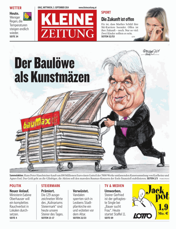 Karikatur: Hans Peter Haselsteiner als Kunstmäzen mit einem Einkaufswagen voller Kunst und einem „BauMax“-Schild.