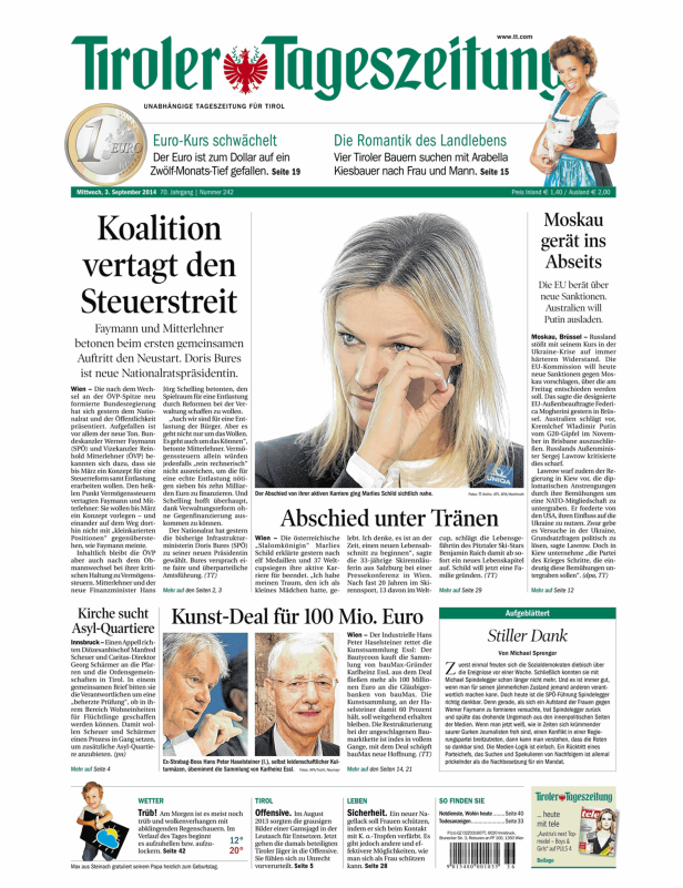 Titelseite der Tiroler Tageszeitung vom 3. September 2014.