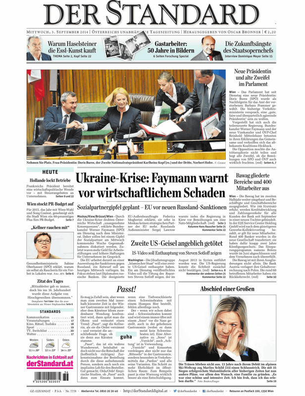 Titelseite der Zeitung „Der Standard“ vom 3. September 2014.