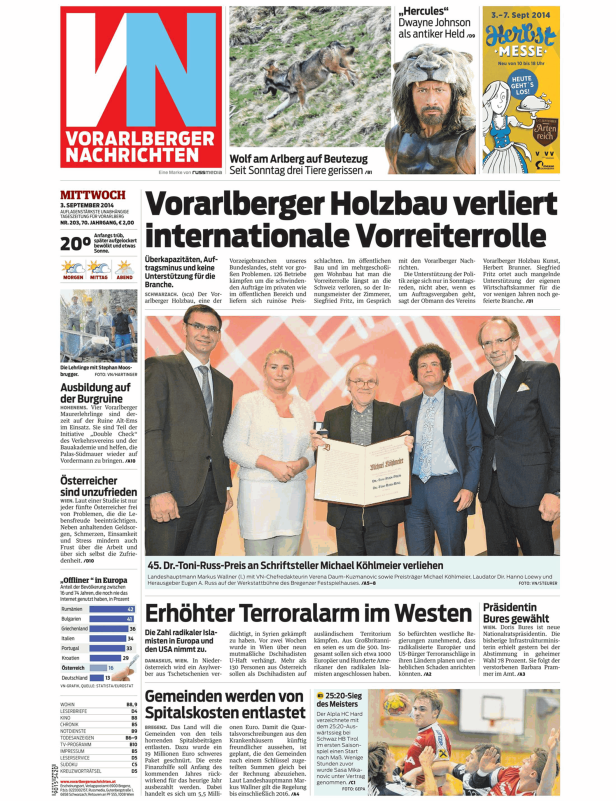 Titelseite der Vorarlberger Nachrichten vom 3. September 2014.