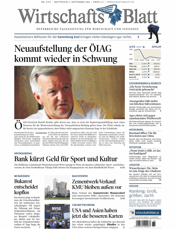 Titelseite des Wirtschaftsblatt vom 3. September 2014.