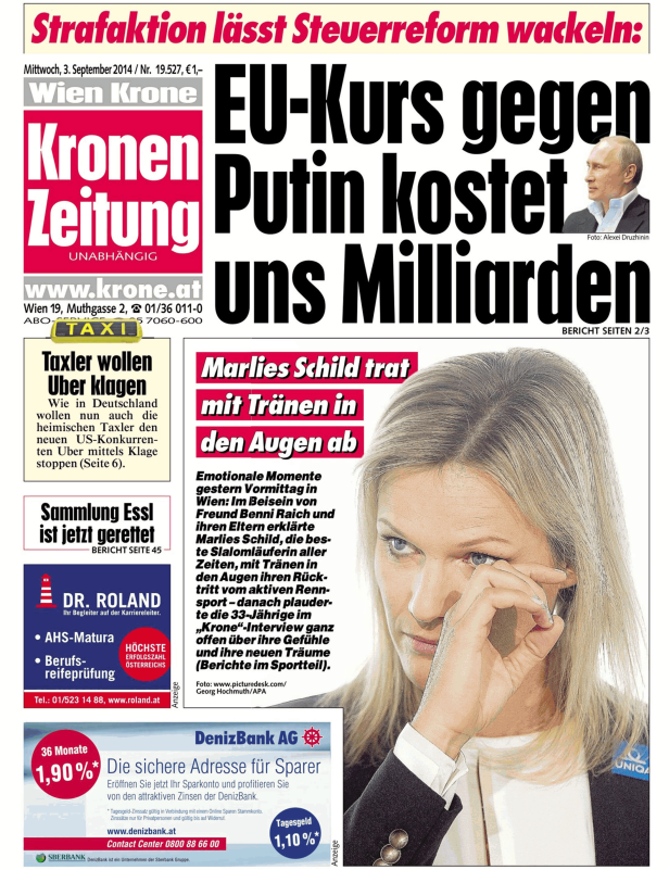 Titelseite der „Kronen Zeitung“ vom 3. September 2014 mit Artikeln über Politik, Wirtschaft und Marlies Schild.