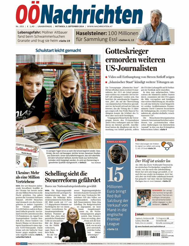 Titelseite der Oberösterreichischen Nachrichten vom 3. September 2014.