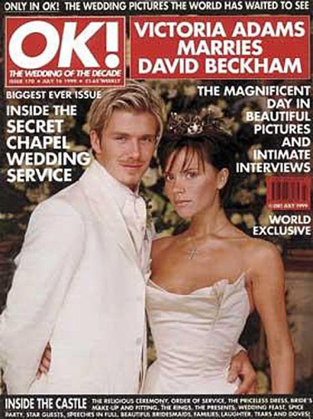 Das Cover des OK!-Magazins zeigt Victoria Adams und David Beckham an ihrem Hochzeitstag.