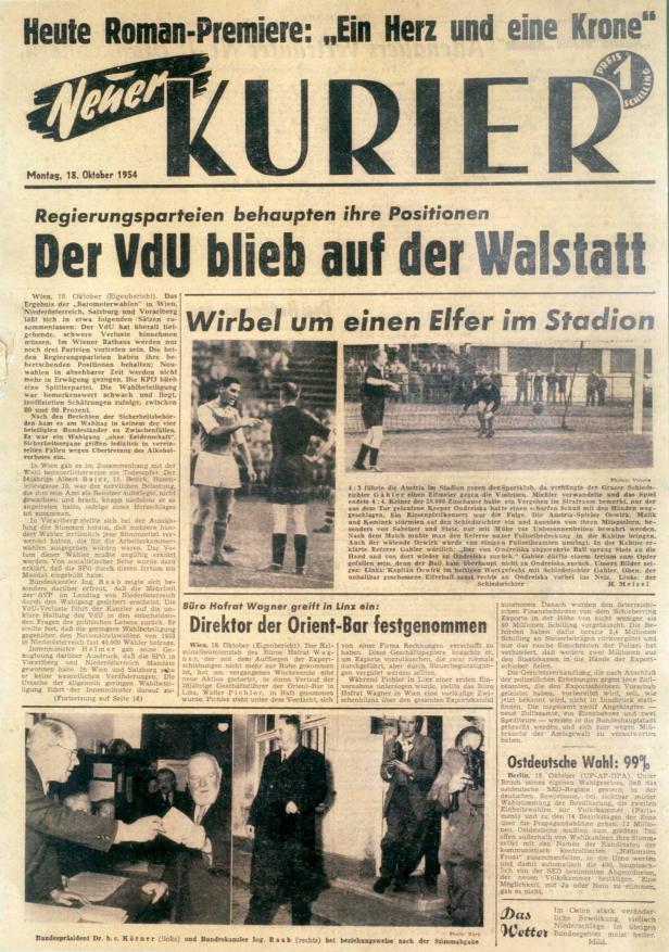 Titelseite des „Neuen Kurier“ vom 18. Oktober 1954 mit Artikeln über Wahlen und Kriminalität.