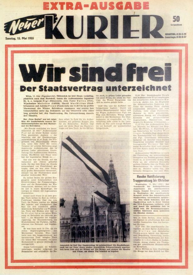 Titelseite des „Neuen Kurier“ vom 15. Mai 1955 mit der Schlagzeile: „Wir sind frei! Der Staatsvertrag unterzeichnet“.