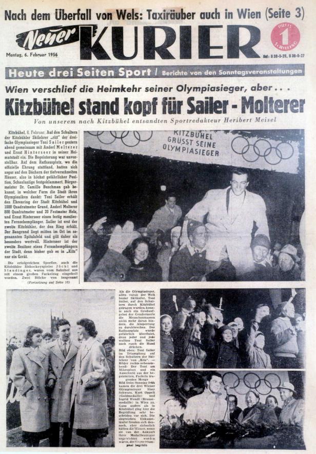 Titelseite des „Neuen Kurier“ vom 6. Februar 1956 mit einem Bericht über Toni Sailers Ankunft in Kitzbühel.