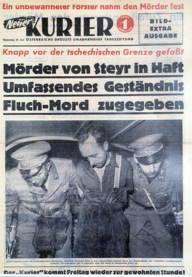 Titelseite des „Neuen Kurier“ vom 20. Juni: Mörder von Steyr in Haft wird von Polizisten flankiert.