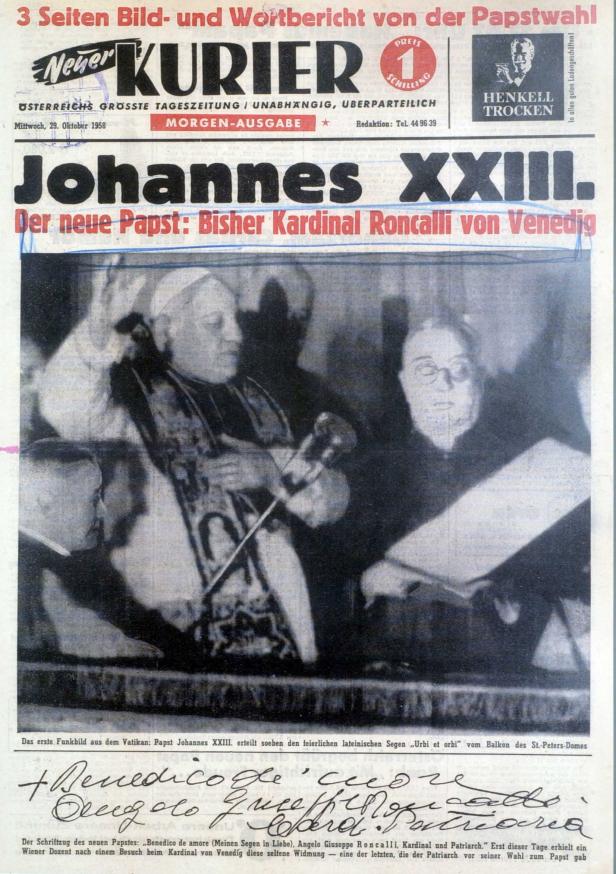 Titelseite des „Neuen Kurier“ vom 29. Oktober 1958 mit der Meldung über die Wahl von Johannes XXIII. zum Papst.