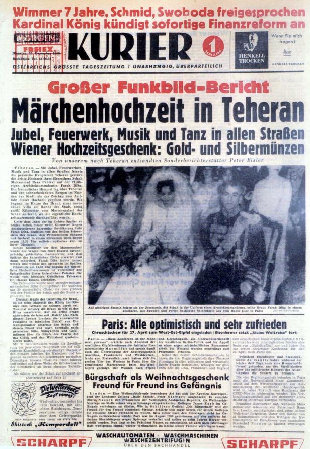 Titelseite des „Kurier“ von 1959 über die Märchenhochzeit in Teheran von Schah Mohammed Reza Pahlevi und Farah Diba.