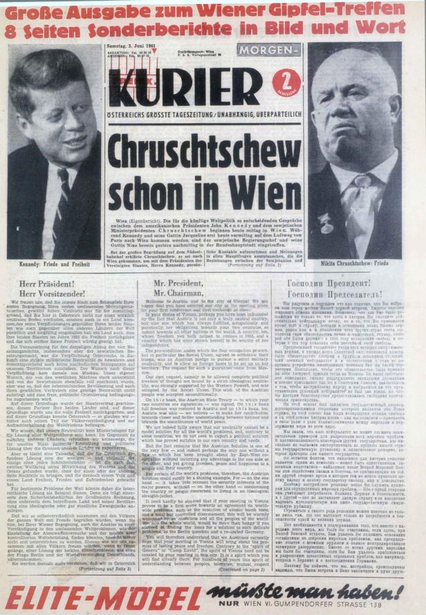 Titelseite des „Kurier“ vom 3. Juni 1961 mit der Schlagzeile „Chruschtschew schon in Wien“.