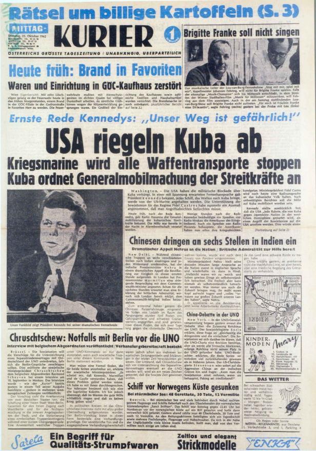 Titelseite des „Kurier“ vom 23. Oktober 1962 mit Berichten über die Kubakrise und Chruschtschews Haltung zu Berlin.