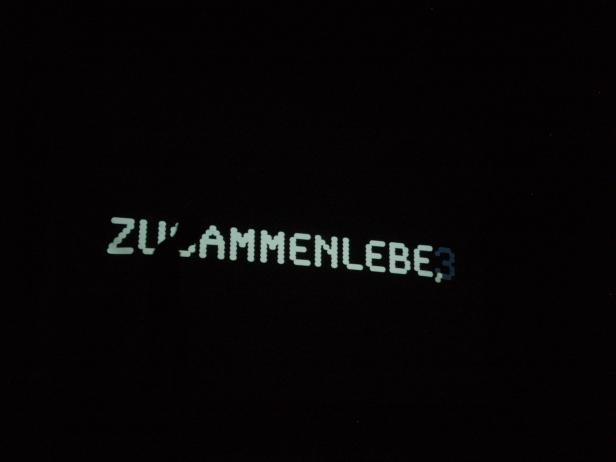 Der Schriftzug „Zusammenleben“ in hellen Pixeln auf dunklem Hintergrund.