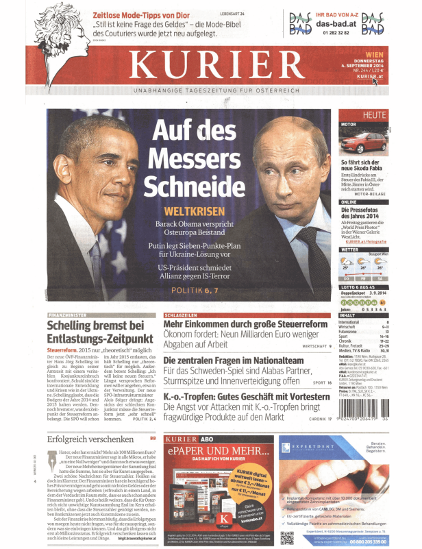 Titelseite des Kurier vom 4. September 2014 mit Bildern von Obama und Putin.