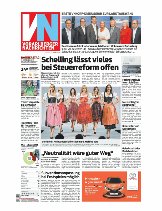 Titelseite der Vorarlberger Nachrichten vom 4. September 2014.