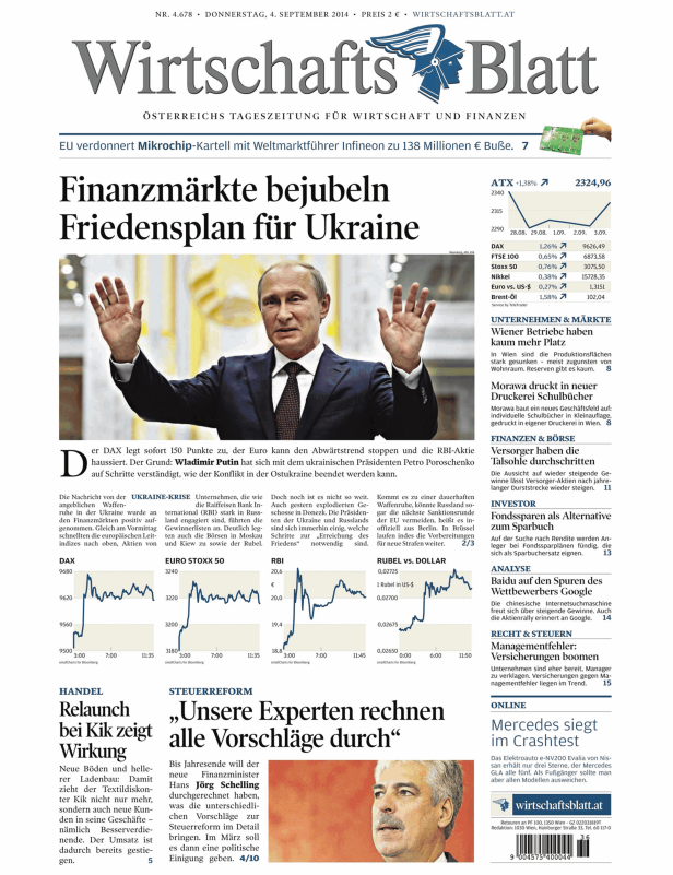 Titelseite des Wirtschaftsblatt vom 4. September 2014 mit dem Titel „Finanzmärkte bejubeln Friedensplan für Ukraine“.
