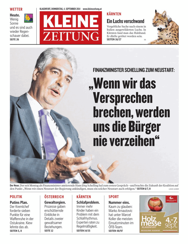 Hans Jörg Schelling, Finanzminister, zitiert auf der Titelseite der Kleinen Zeitung.