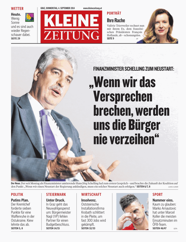 Hans Jörg Schelling, Finanzminister, zitiert auf der Titelseite der Kleinen Zeitung.