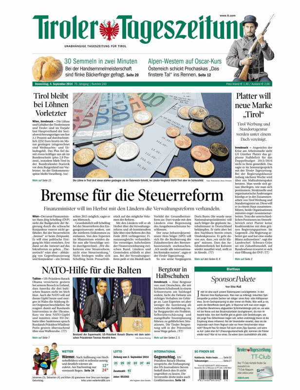 Titelseite der Tiroler Tageszeitung vom 4. September 2014.