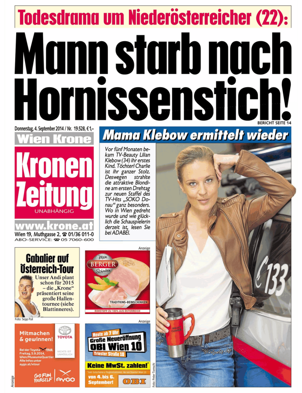 Titelseite der „Kronen Zeitung“ mit einem Artikel über Lilian Klebow von „SOKO Donau“.
