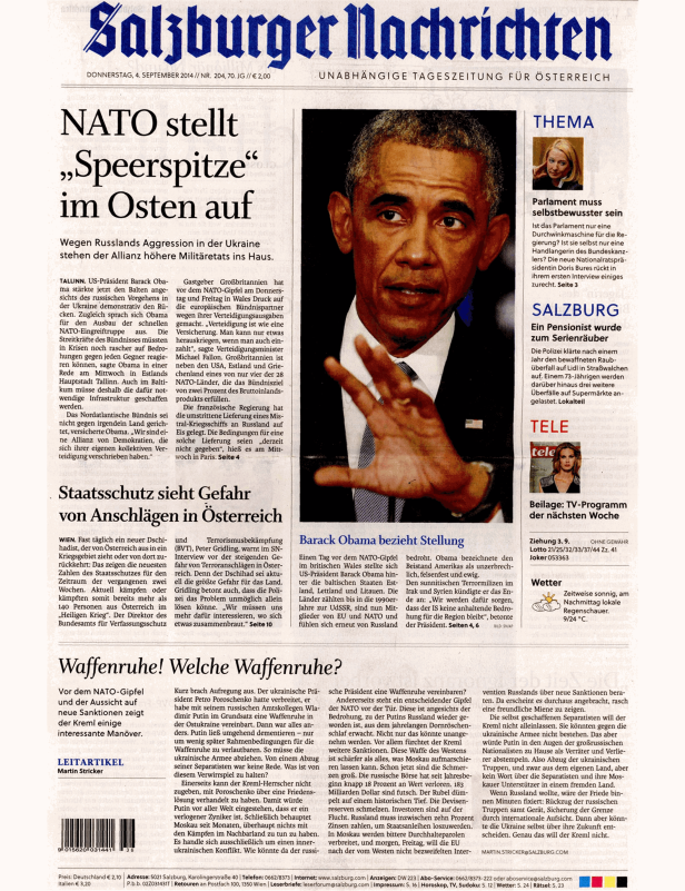 Titelseite der „Salzburger Nachrichten“ vom 4. September 2014 mit einem Artikel über Barack Obama.