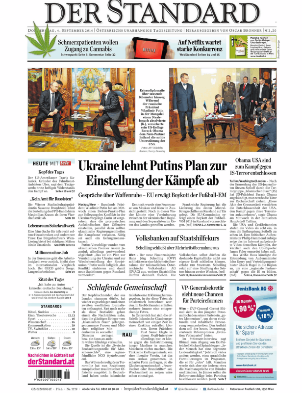 Titelseite der Zeitung Der Standard vom 4. September 2014.