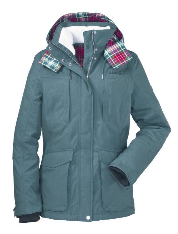 Eine petrolfarbene Winterjacke mit kariertem Innenfutter und Kapuze.