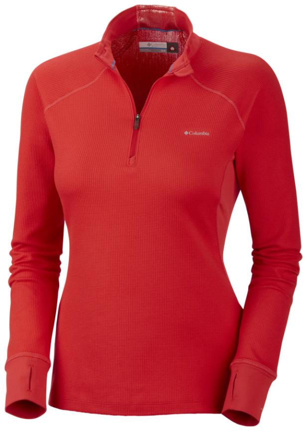 Ein rotes Langarmshirt der Marke Columbia mit einem kurzen Reißverschluss.