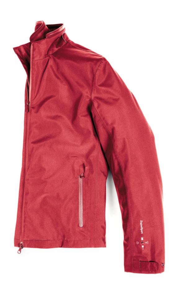 Eine rote Zipp-Jacke vor einem weißen Hintergrund.