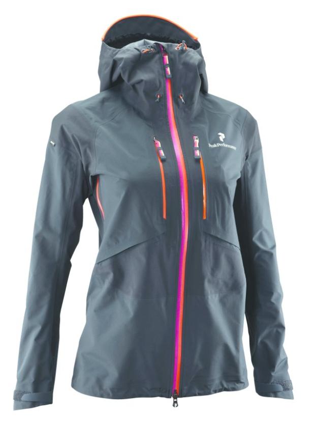 Eine graue Peak Performance Jacke mit pinkfarbenen und orangefarbenen Akzenten.