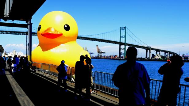 Eine riesige gelbe Gummiente schwimmt vor einer Brücke und zieht viele Menschen an.