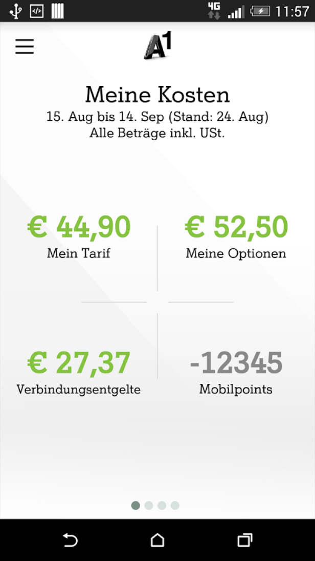 Ein Screenshot der A1-App, der die monatlichen Kosten und Mobilpoints anzeigt.