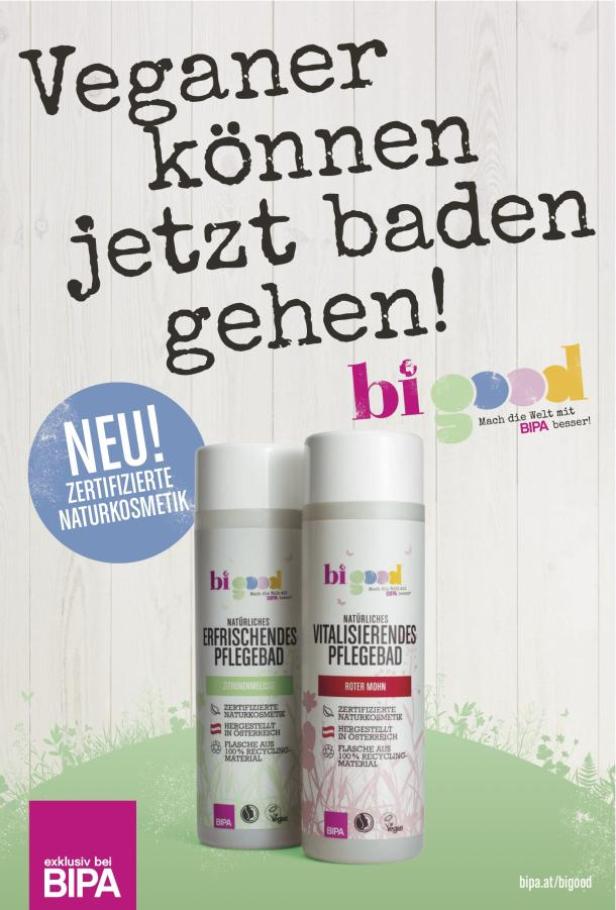 Zwei Flaschen „Bi Good“ Pflegebad, eine mit Zitronenmelisse und eine mit rotem Mohn.