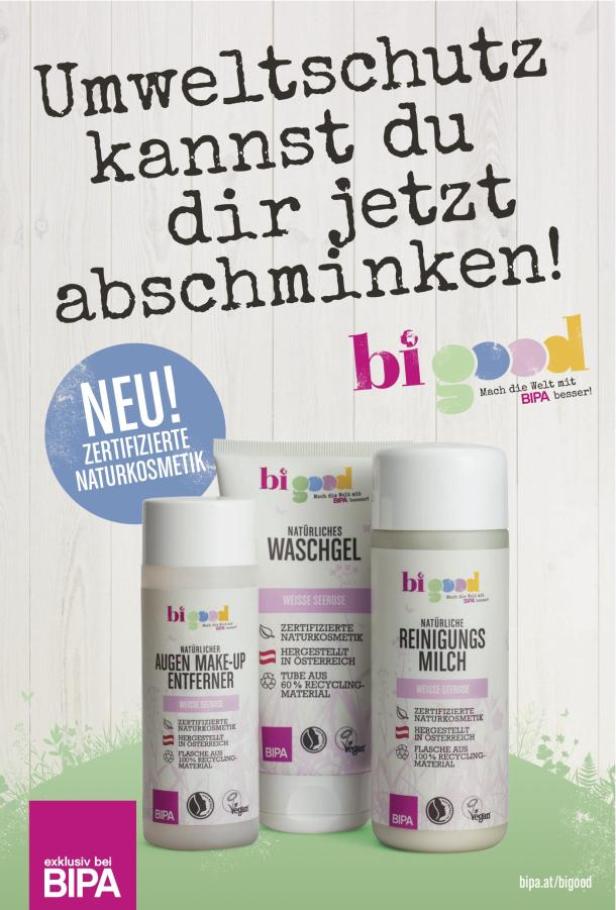 Verschiedene BiGood-Produkte zur Gesichtsreinigung von BIPA, darunter Waschgel und Augen-Make-up-Entferner.