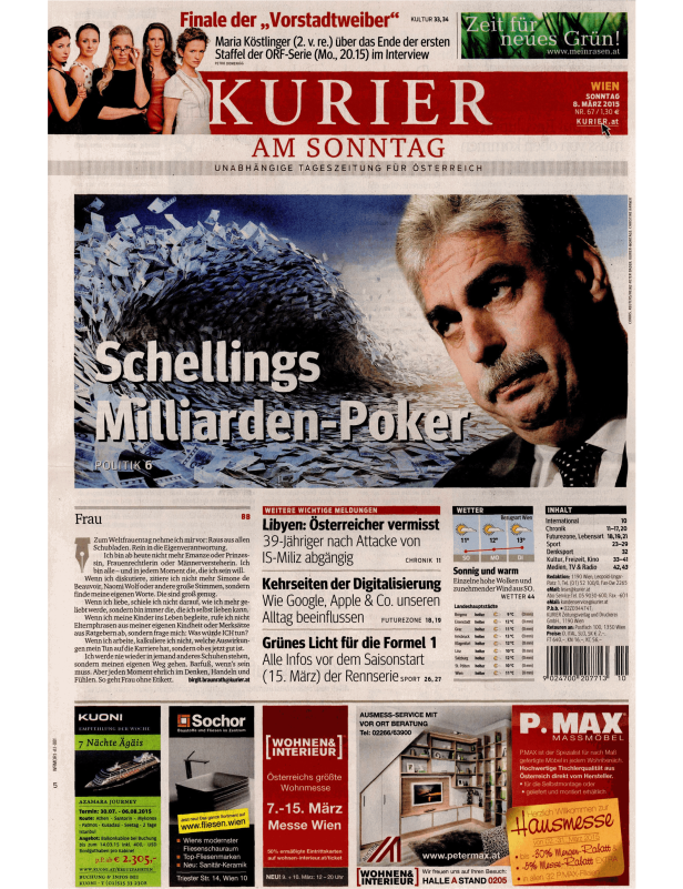 Titelseite des „Kurier am Sonntag“ vom 8. März 2015 mit Artikeln zu verschiedenen Themen.