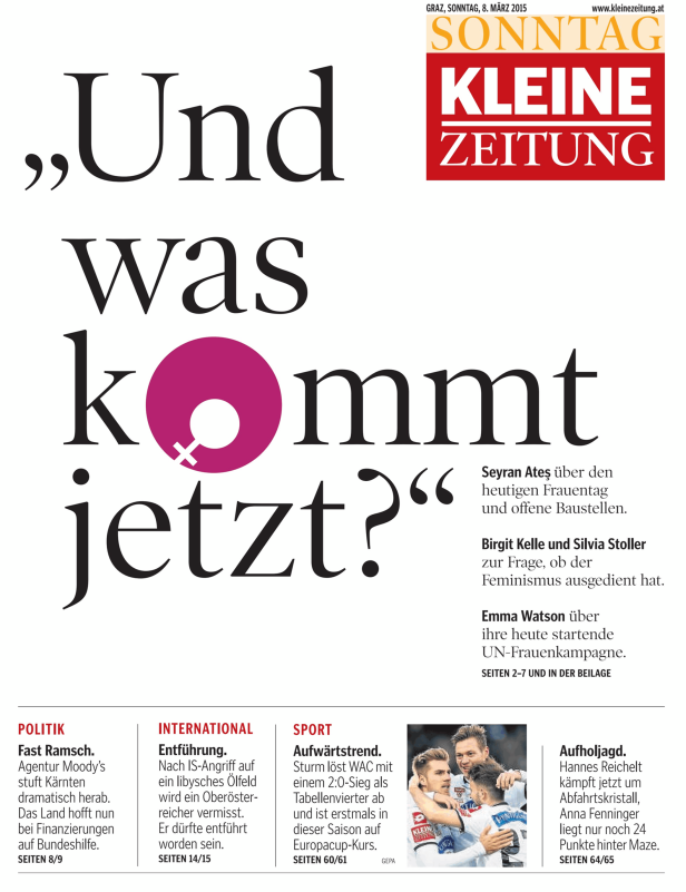 Titelseite der Kleinen Zeitung vom 8. März 2015 zum Thema Frauentag.