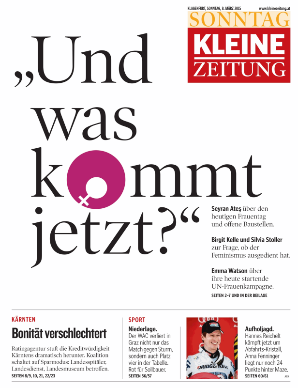 Titelseite der Kleinen Zeitung vom 8. März 2015 mit dem Titel „Und was kommt jetzt?".