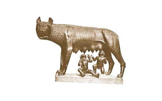 Die kapitolinische Wölfin säugt Romulus und Remus.