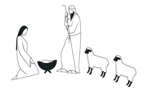 Eine stilisierte Darstellung der Geburt Jesu mit Maria, Josef und zwei Schafen.