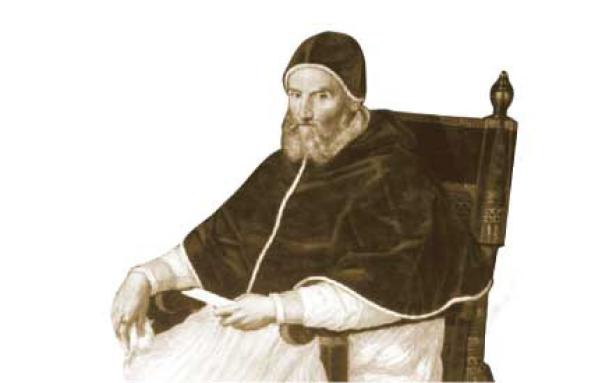 Ein Porträt von Papst Marcellus II., der auf einem Stuhl sitzt und ein Schriftstück hält.