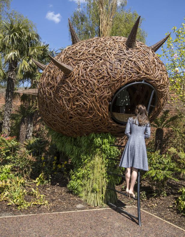 Eine Frau schaut in eine kugelförmige, stachelige Struktur aus Weidenruten in einem Garten.