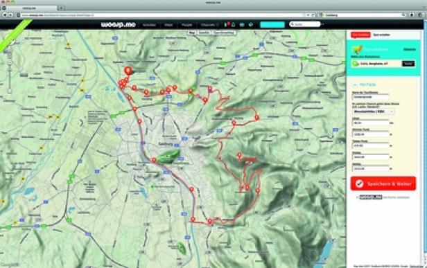 woosp.me - Tour Ein Screenshot einer topografischen Karte von Salzburg mit einer eingezeichneten Route.