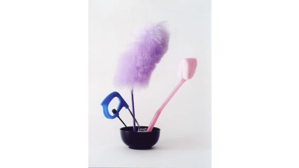 Ein lila Staubwedel, eine rosa Bürste und ein blaues Werkzeug stehen in einer schwarzen Schale.