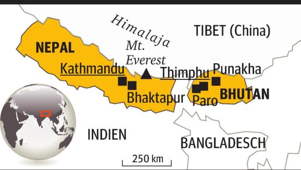 Eine Karte von Nepal, Bhutan, Tibet (China) und Teilen von Indien und Bangladesch mit dem Mount Everest.