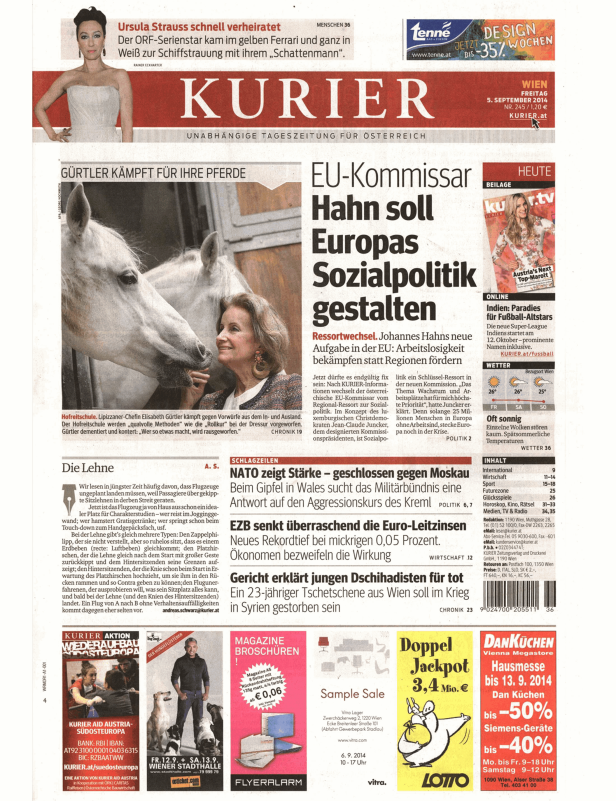 Titelseite der österreichischen Tageszeitung „Kurier“ vom 5. September 2014.